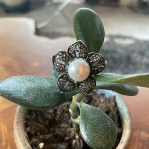 Pearl & Black Rhinestones in Sterling silver setting.